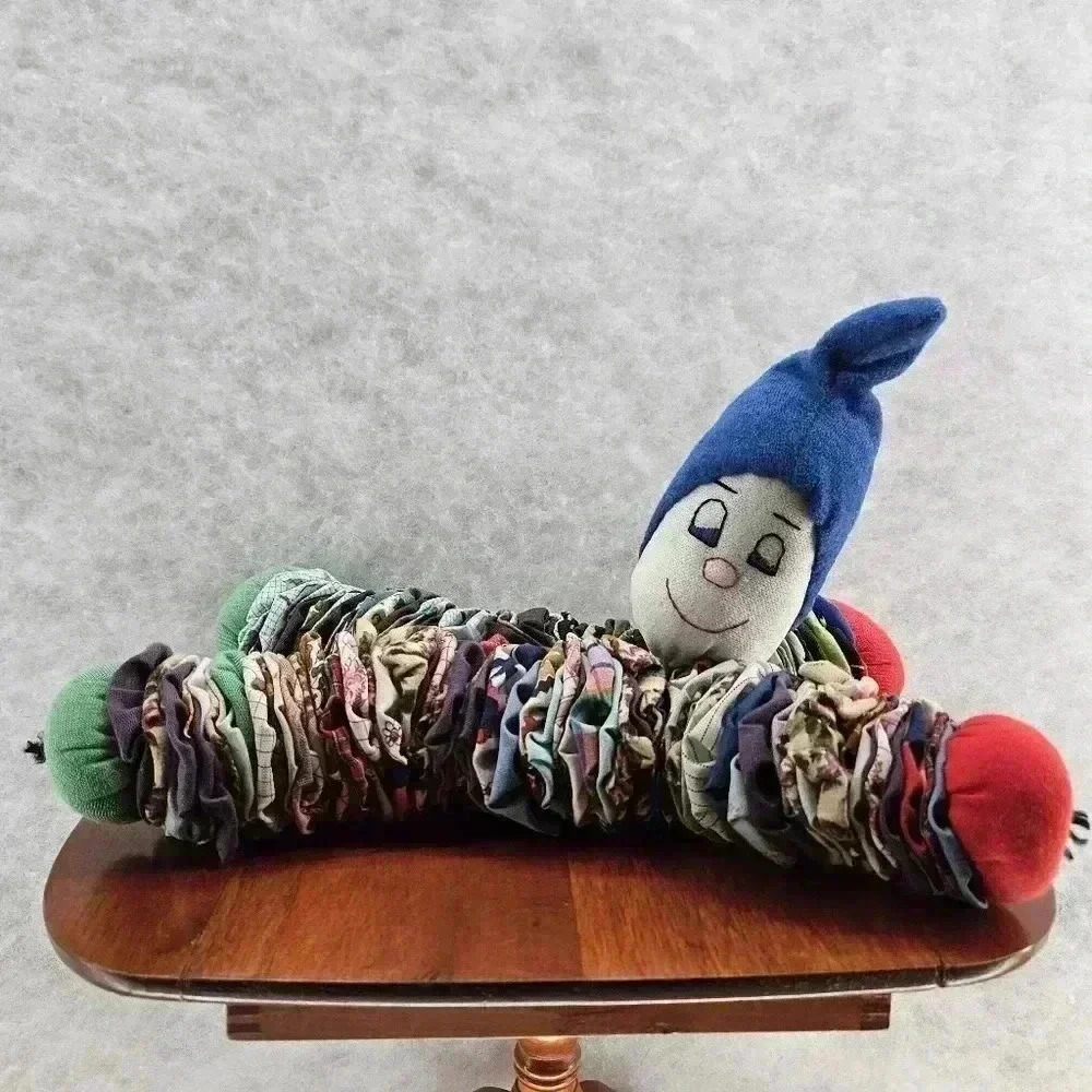 VINTAGE 70s HANDMADE Rainbow CRAZY RAG YOYO FABRIC CLOWN DOLL 14"